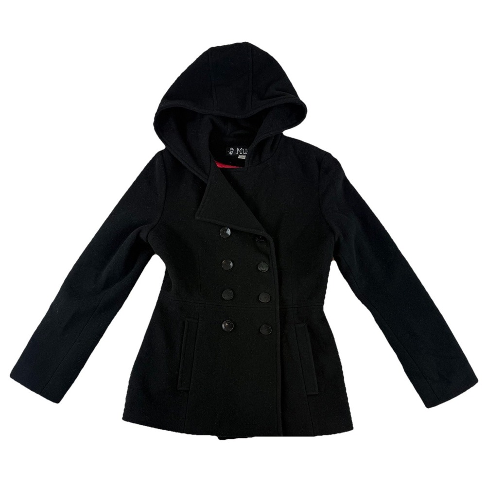 Vtg Y2K Mudd Hooded Wool Blend Double Breasted Peacoat Juniors JRS Medium Black